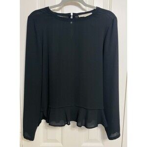 LOFT Black Peplum Blouse Size Small Long Sleeve Keyhole Back Elegant Work Top